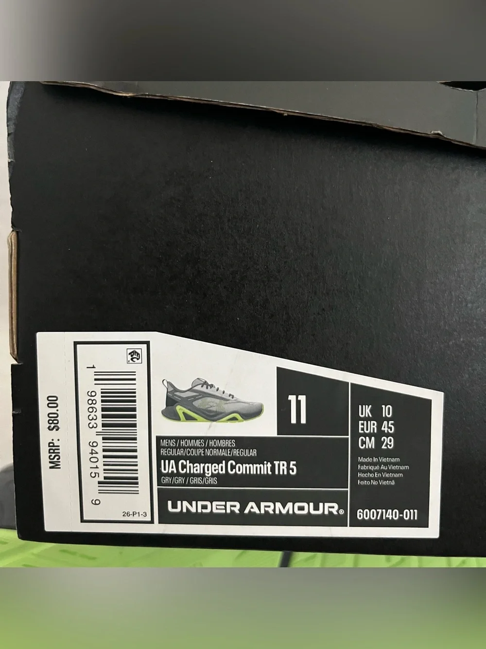 Under Armour Charged Commit TR 5 Gray & Neon Lime Athletic Shoes